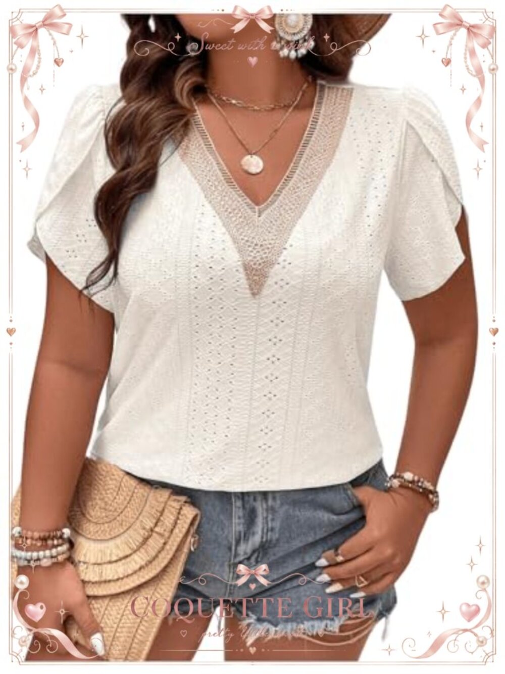 Plus Size Eyelet Blouse Petal Sleeve Lace V Neck Dressy Casual Top